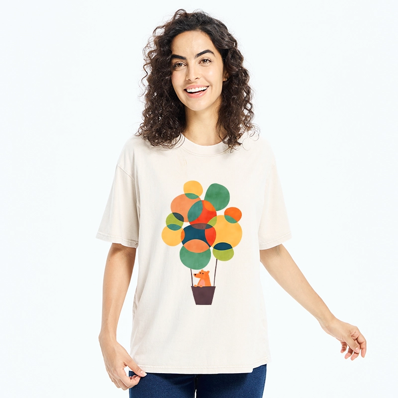 Tokyo-Tiger Bear Rides Colorful Balloon Basket Washed T-Shirt