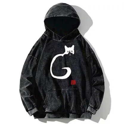 Tokyo-Tiger Calm Cat In Simple Lines Washed Hoodie