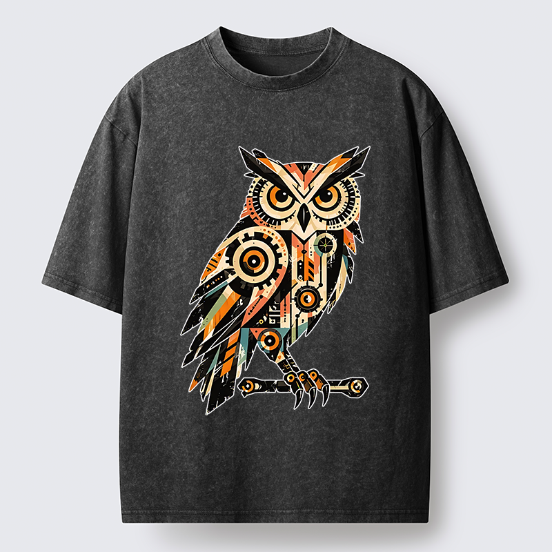 Tokyo-Tiger Mechanic Gear Art Owl Washed T-Shirt