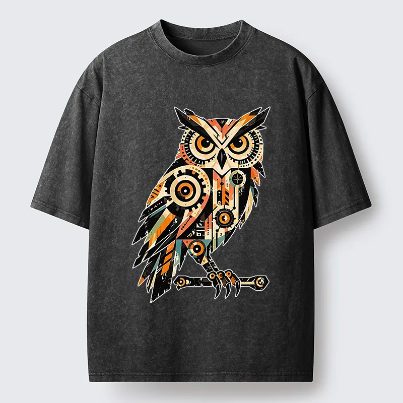 Tokyo-Tiger Mechanic Gear Art Owl Washed T-Shirt