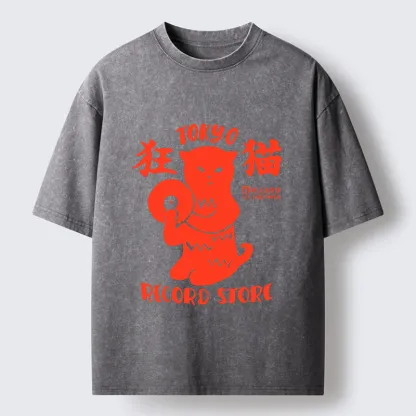 Tokyo-Tiger Wild Cat Vinyl Art Washed T-Shirt