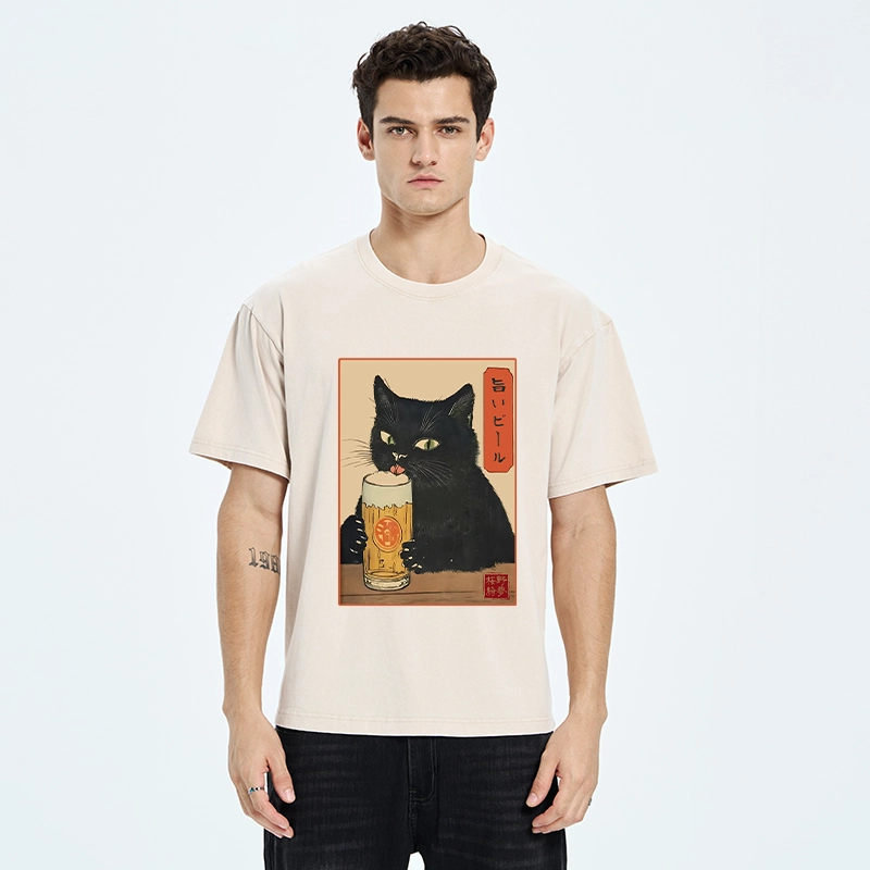 Tokyo-Tiger Cat Holding A Glass Of Beer Washed T-Shirt