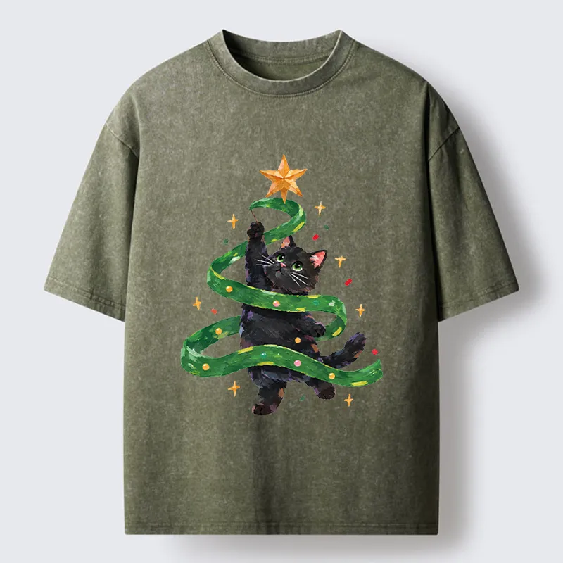 Tokyo-Tiger Black Cat Christmas Tree Ribbon Washed T-Shirt