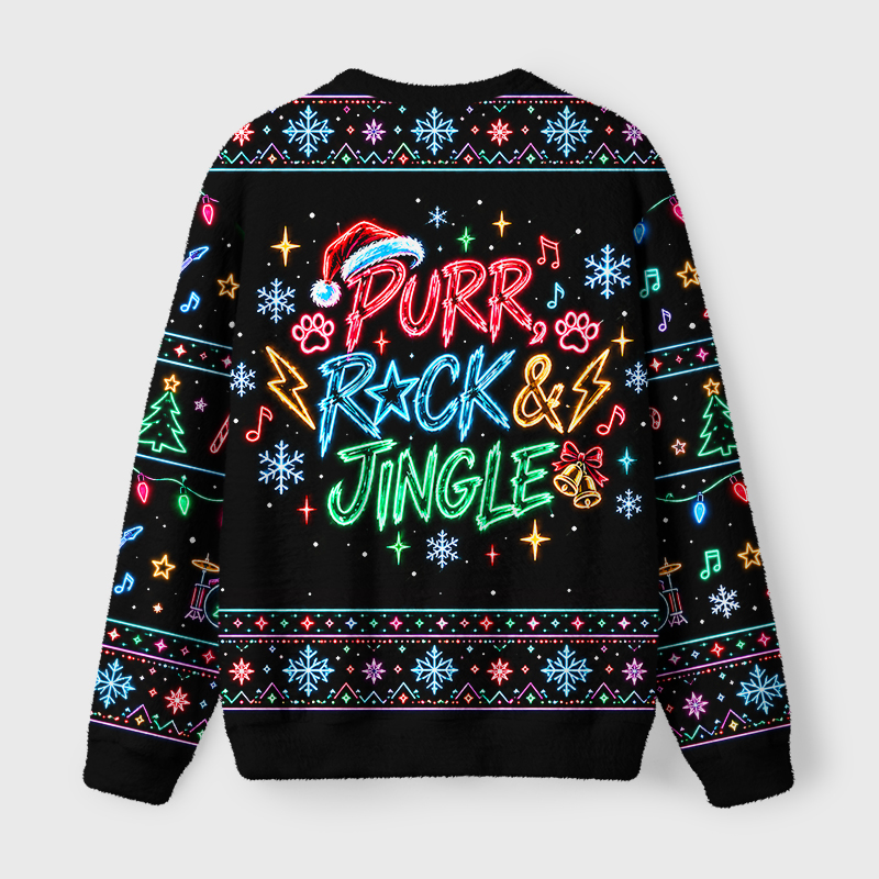 Tokyo-Tiger Neon Cat Concert Fuzzy Christmas Ugly Sweatshirt