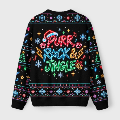 Tokyo-Tiger Neon Cat Concert Fuzzy Christmas Ugly Sweatshirt