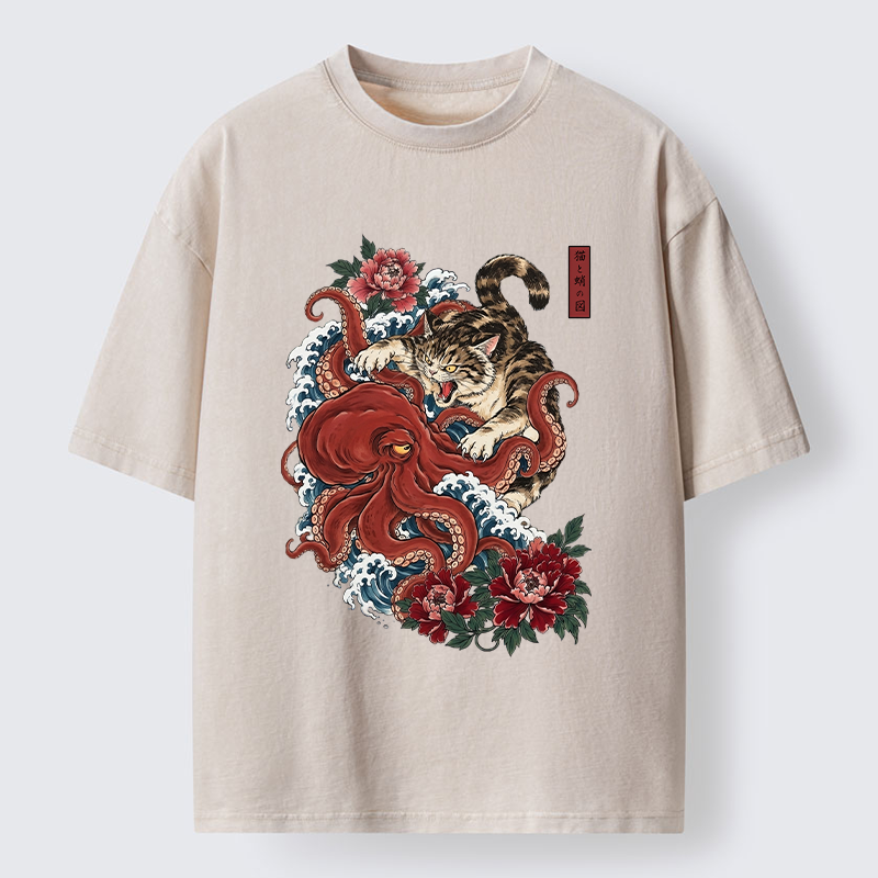 Tokyo-Tiger Ukiyo Style Cat Fighting Octopus Washed T-Shirt