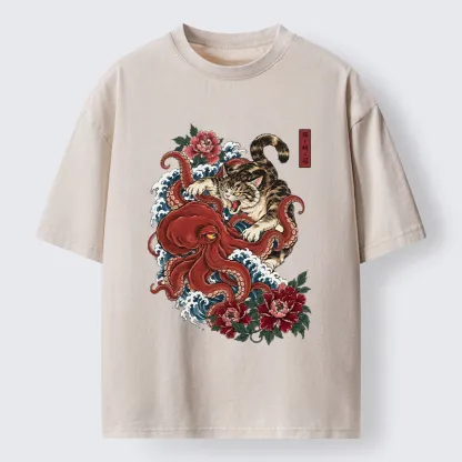 Tokyo-Tiger Ukiyo Style Cat Fighting Octopus Washed T-Shirt