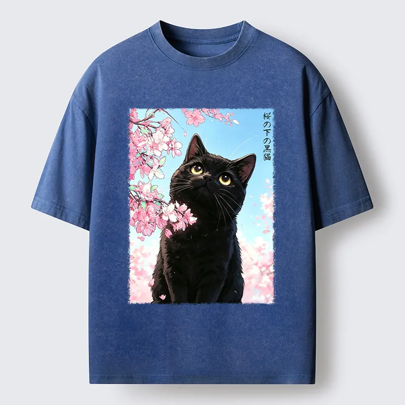 Tokyo-Tiger Japanese Sakura Black Cat Washed T-Shirt