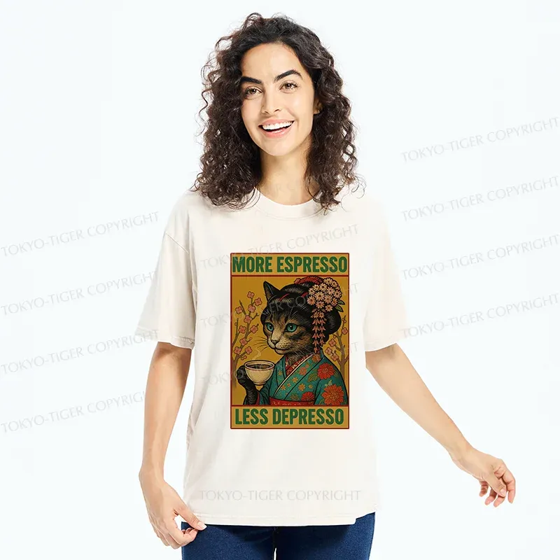 Tokyo-Tiger Geisha Cat Drinking Coffee Washed T-Shirt