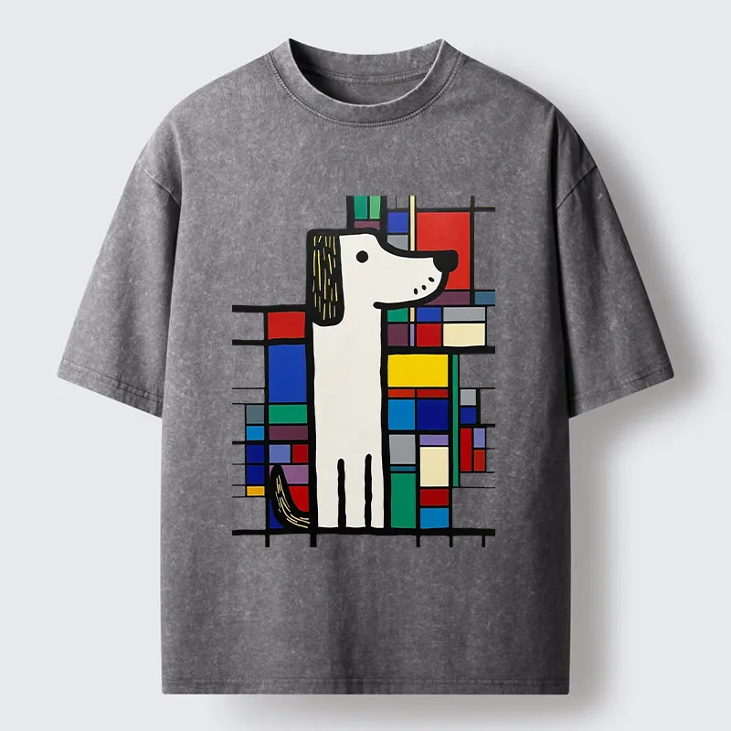 Tokyo-Tiger Geometric Cute Dog Art Washed T-Shirt