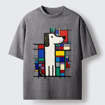 Tokyo-Tiger Geometric Cute Dog Art Washed T-Shirt