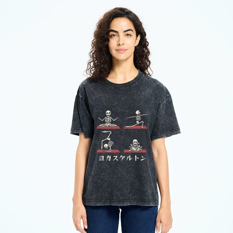 Tokyo-Tiger Skeleton Doing Yoga Washed T-Shirt