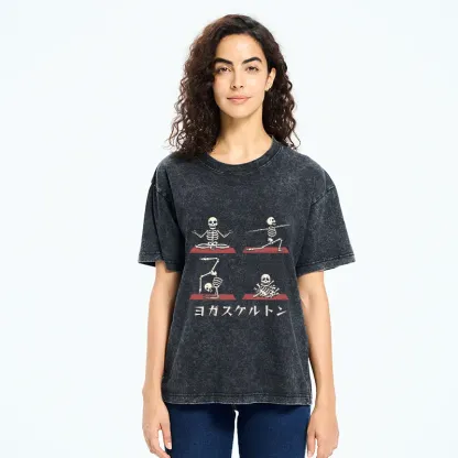 Tokyo-Tiger Skeleton Doing Yoga Washed T-Shirt