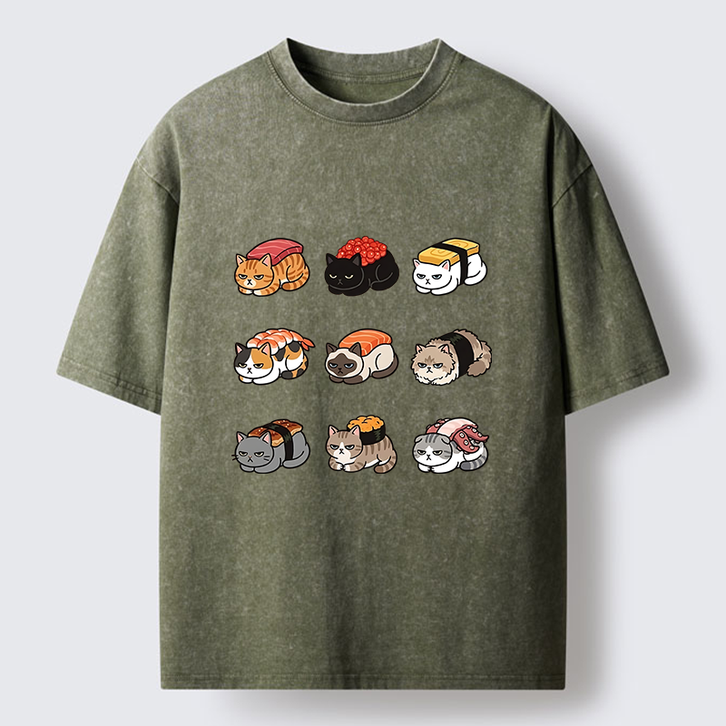 Tokyo-Tiger Funny Sushi Cats Meme Washed T-Shirt