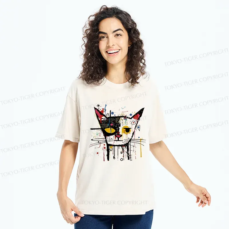 Tokyo-Tiger Abstract Cat Funny Washed T-Shirt
