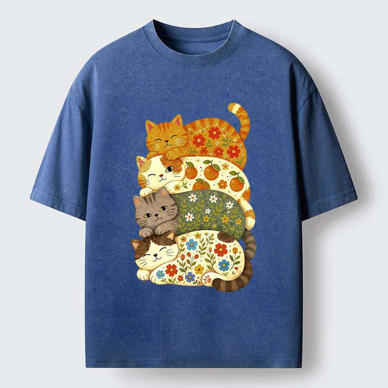 Tokyo‑Tiger Stacked Floral Cats Washed T‑Shirt