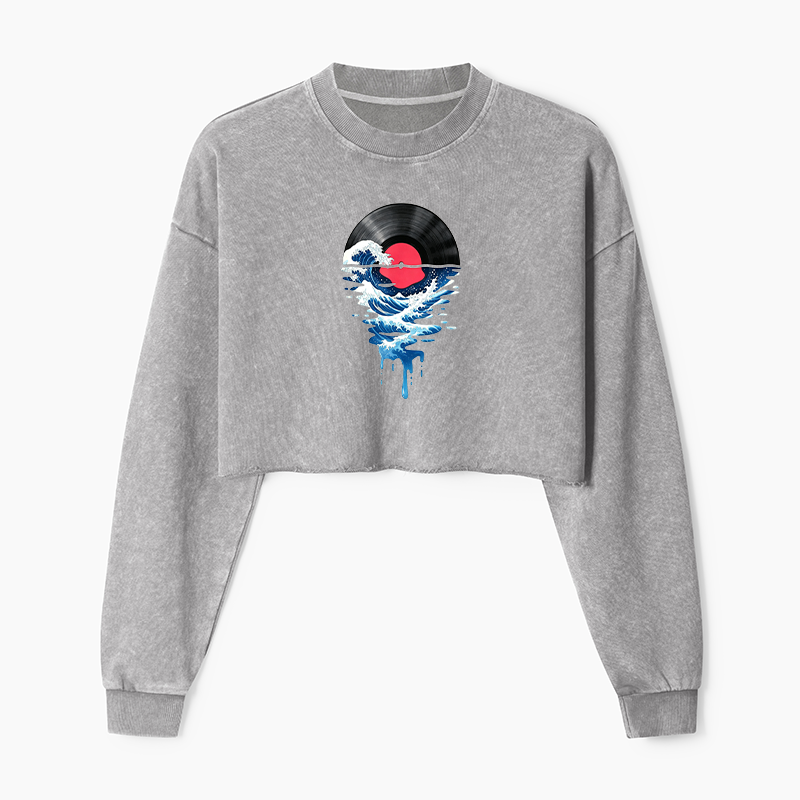 Tokyo-Tiger Vinyl Records And Waves Washed Crop Sweatshirt