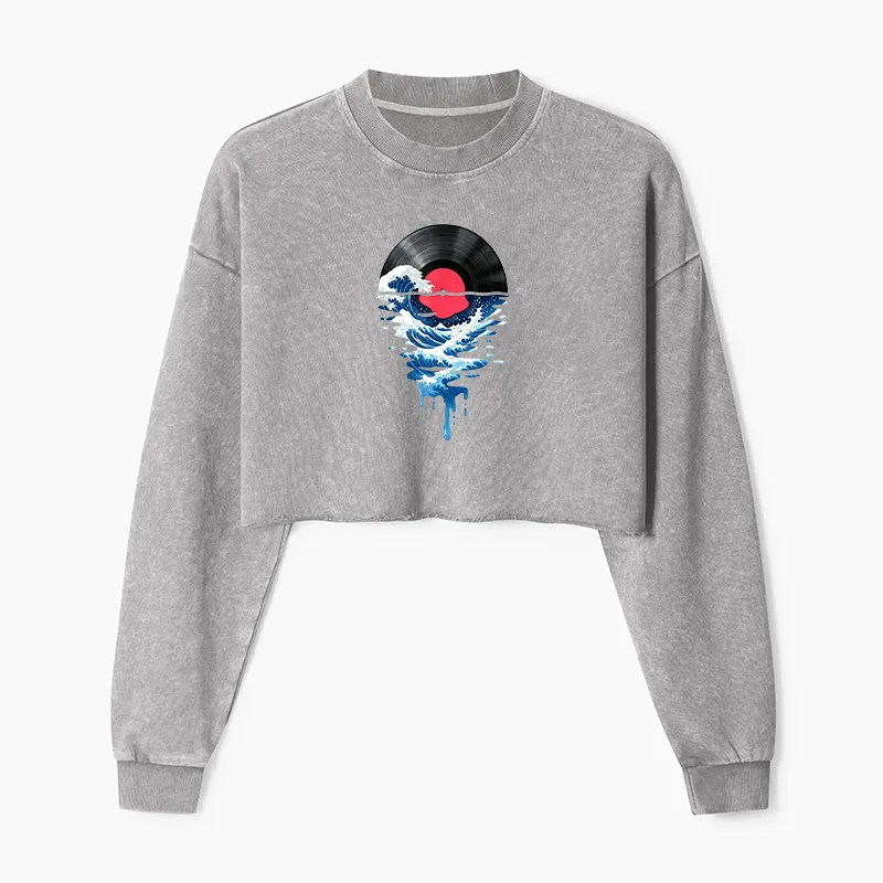 Tokyo-Tiger Vinyl Records And Waves Washed Crop Sweatshirt