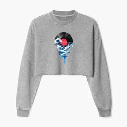 Tokyo-Tiger Vinyl Records And Waves Washed Crop Sweatshirt