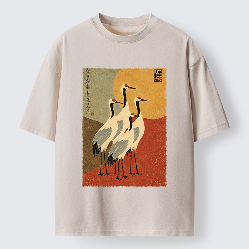 Tokyo‑Tiger Oriental Crane Group Painting Washed T‑Shirt Sale