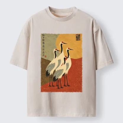 Tokyo-Tiger Oriental Crane Group Painting Washed T-Shirt