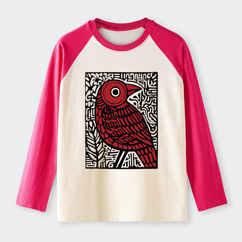 Tokyo-Tiger Retro Woodblock Bird Raglan Long Sleeve T-shirt