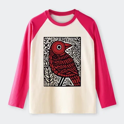 Tokyo-Tiger Retro Woodblock Bird Raglan Long Sleeve T-shirt