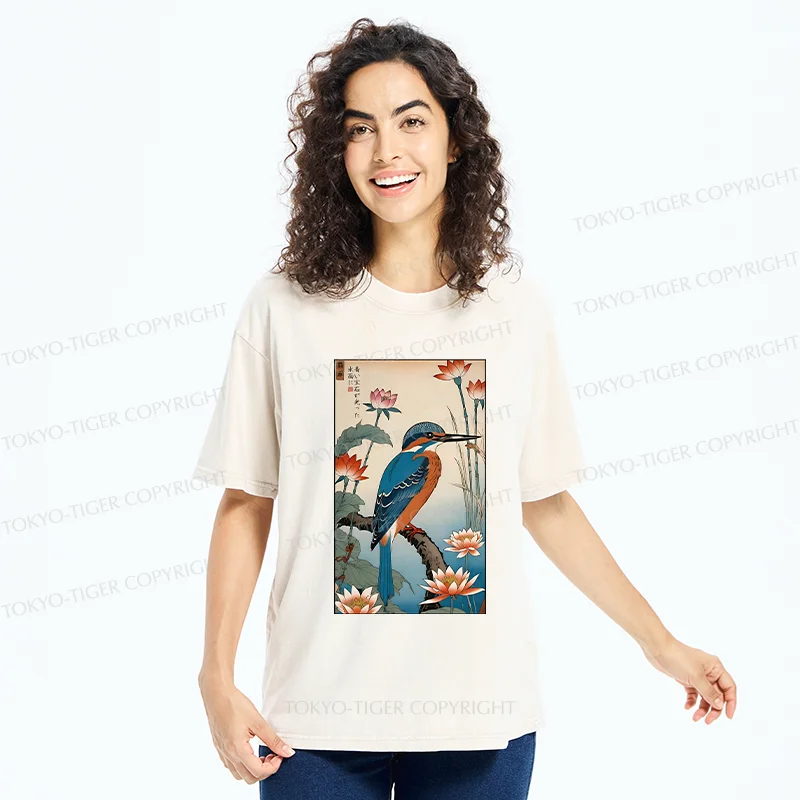 Tokyo-Tiger Ukiyo-e Kingfisher Washed T-Shirt