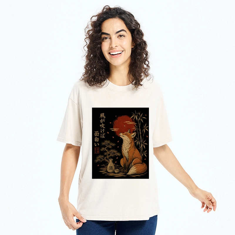 Tokyo-Tiger Zen Fox Enjoying The Night Air Washed T-Shirt