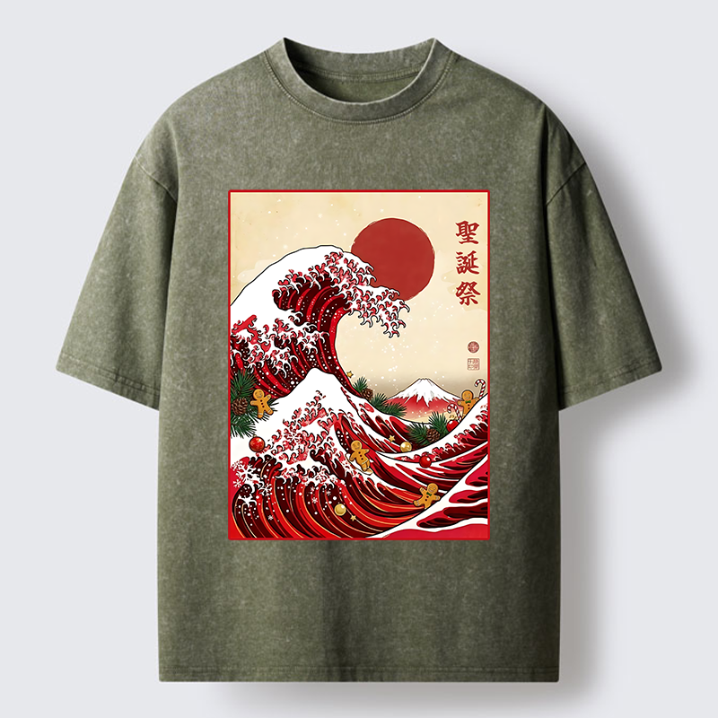 Tokyo-Tiger Gingerbread Surf Christmas Wave Washed T-Shirt