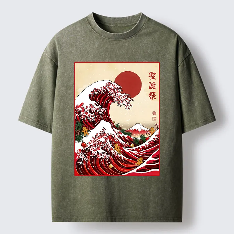 Tokyo-Tiger Gingerbread Surf Christmas Wave Washed T-Shirt
