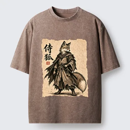 Tokyo-Tiger Vintage Samurai Fox Art Washed T-Shirt