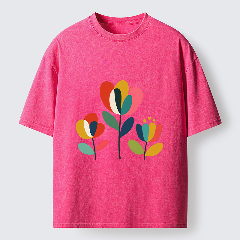 Tokyo-Tiger Modern Color Floral Art Washed T-Shirt