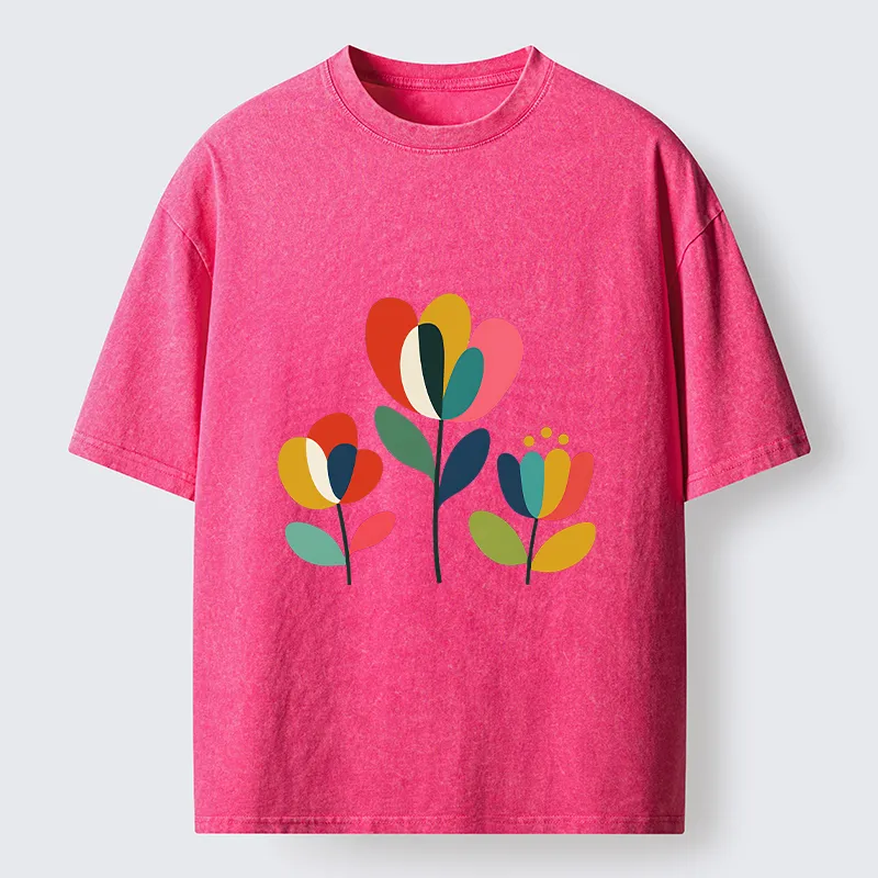 Tokyo-Tiger Modern Color Floral Art Washed T-Shirt