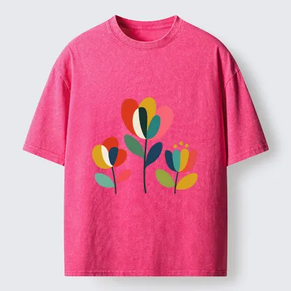 Tokyo-Tiger Modern Color Floral Art Washed T-Shirt