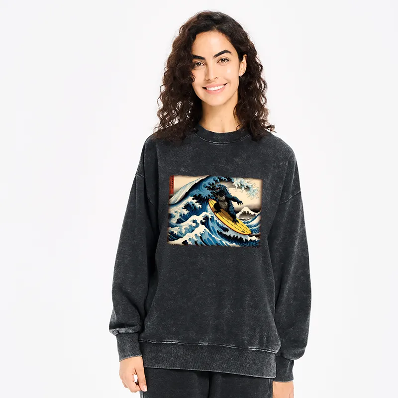 Tokyo-Tiger Dinosaur Surfing Japanese Washed Sweatshirt