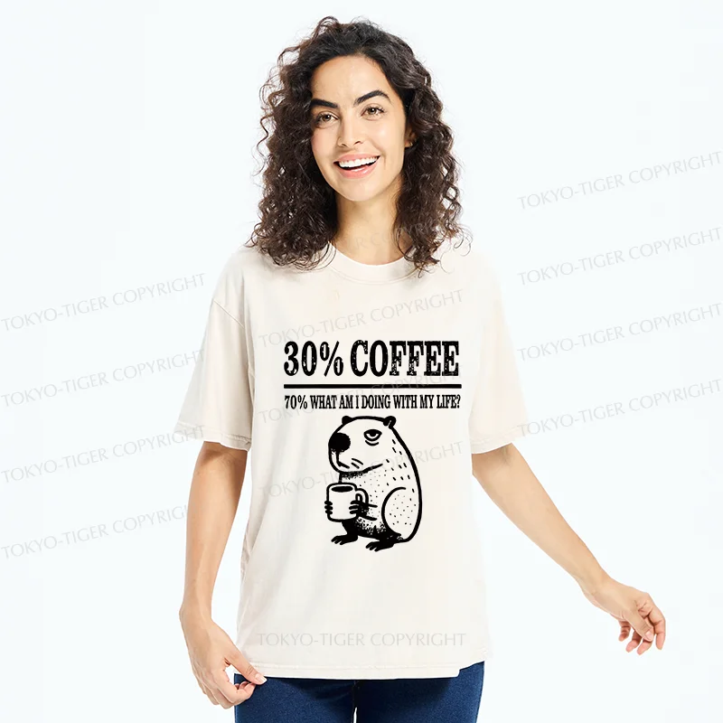 Tokyo-Tiger Capybara Drinking Coffee Washed T-Shirt