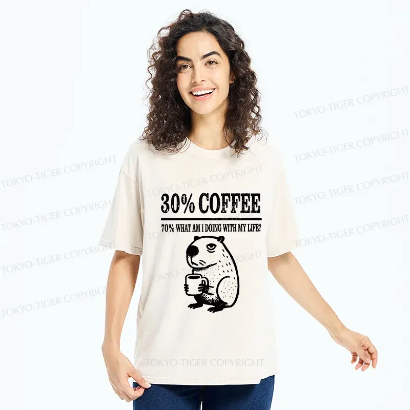 Tokyo-Tiger Capybara Drinking Coffee Washed T-Shirt