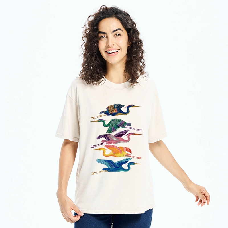 Tokyo‑Tiger Colorful Flying Cranes Washed T‑Shirt