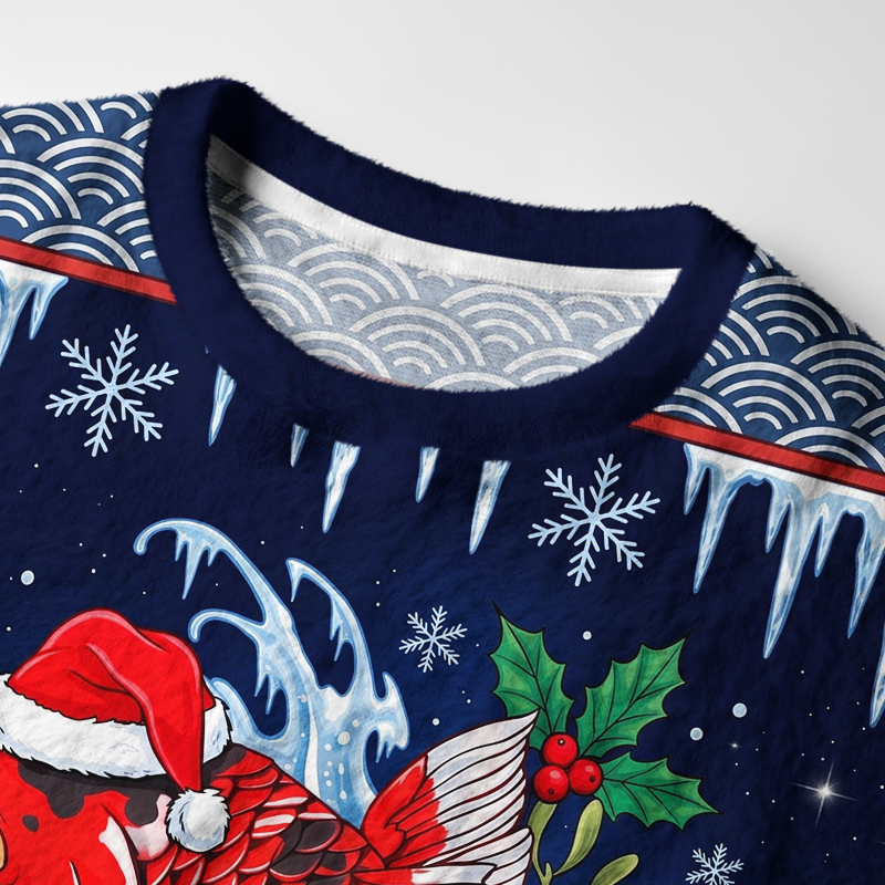 Tokyo-Tiger Santa Hat Koi Fish Christmas Sushi Fuzzy Christmas Ugly Sweatshirt