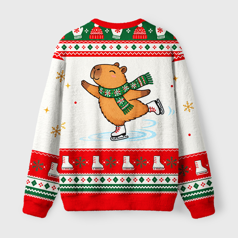 Tokyo-Tiger Funny Ice Skating Capybara Fuzzy Christmas Ugly Sweatshirt