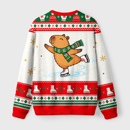 Tokyo-Tiger Funny Ice Skating Capybara Fuzzy Christmas Ugly Sweatshirt