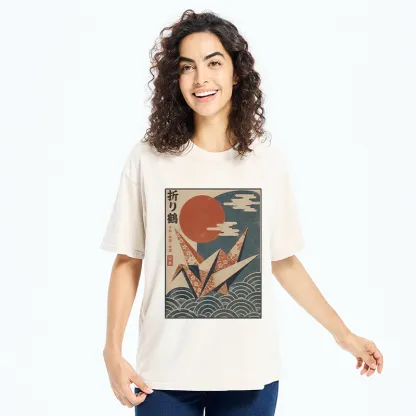 Tokyo-Tiger Japanese Origami Crane Vintage Print Washed T-Shirt