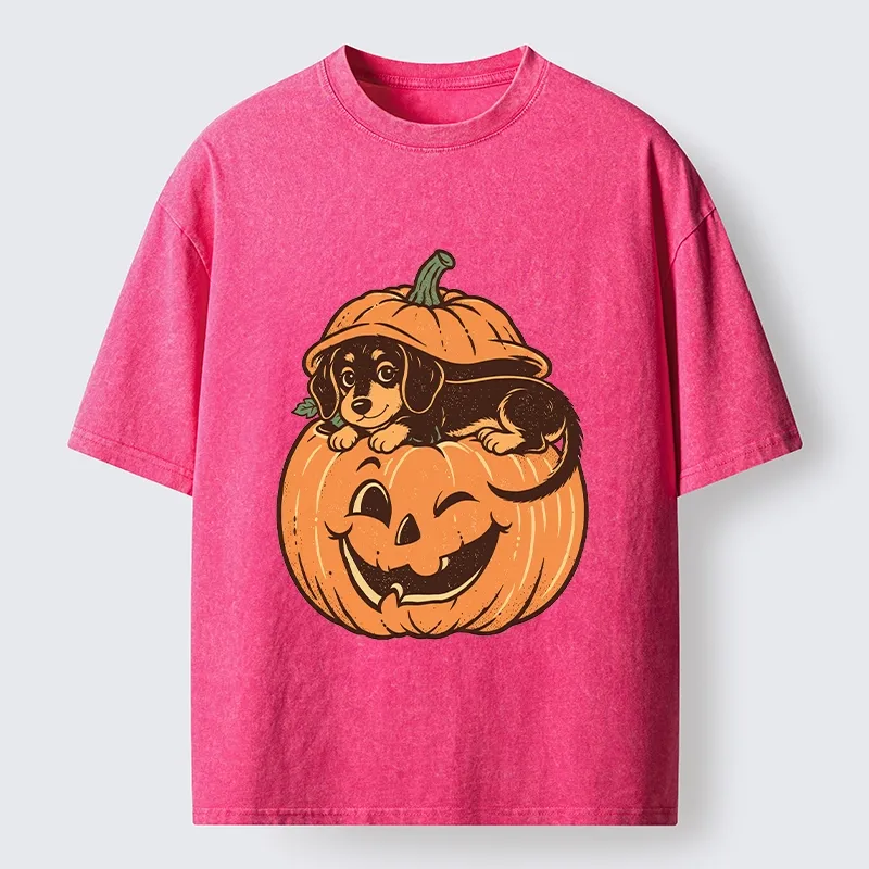 Tokyo‑Tiger Retro Pumpkin Dog Washed T‑Shirt