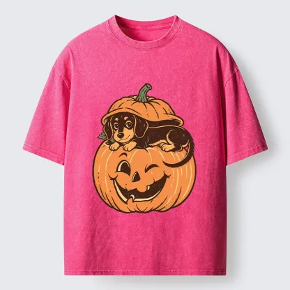 Tokyo‑Tiger Retro Pumpkin Dog Washed T‑Shirt
