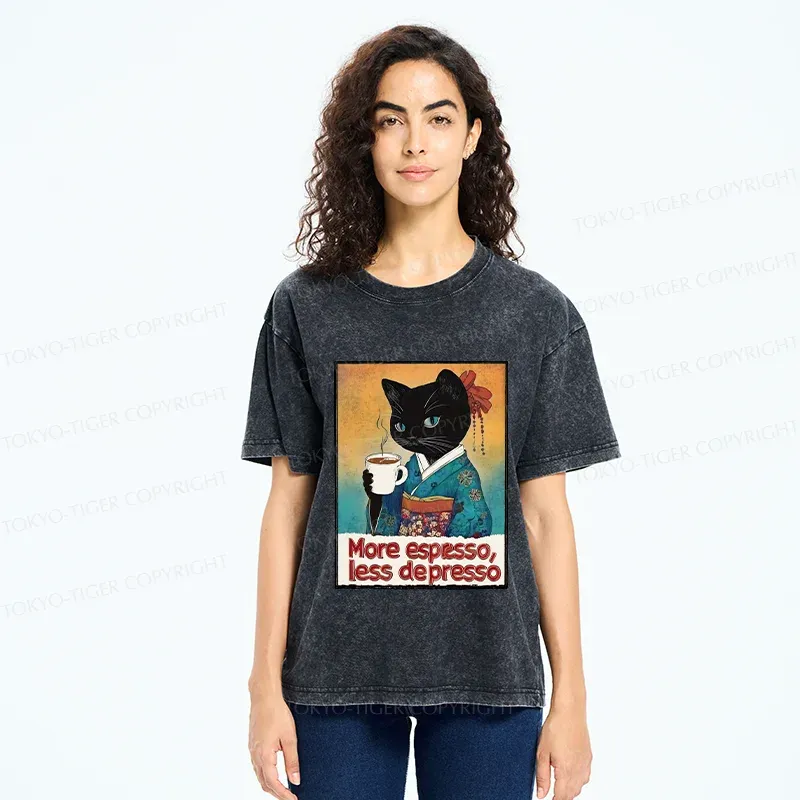 Tokyo-Tiger Japanese Cat Drinking Espresso Washed T-Shirt