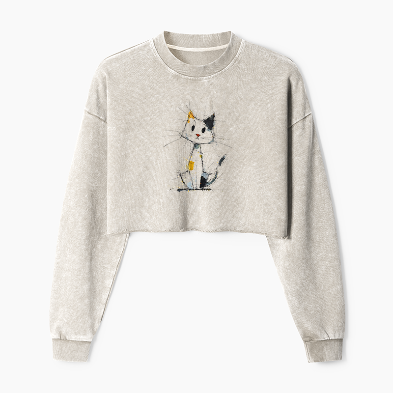 Tokyo-Tiger Minimal Splash Ink Cute Cat Washed Crop Sweatshirt
