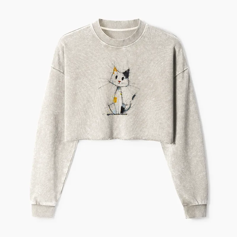 Tokyo-Tiger Minimal Splash Ink Cute Cat Washed Crop Sweatshirt