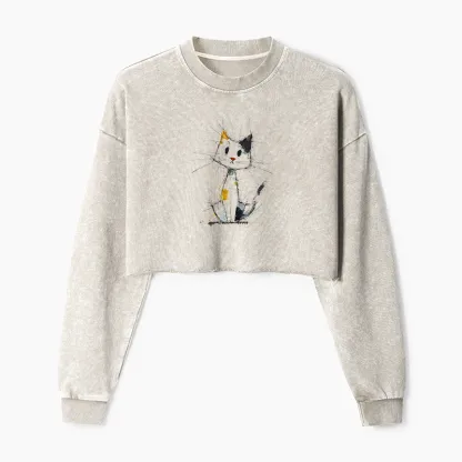 Tokyo-Tiger Minimal Splash Ink Cute Cat Washed Crop Sweatshirt