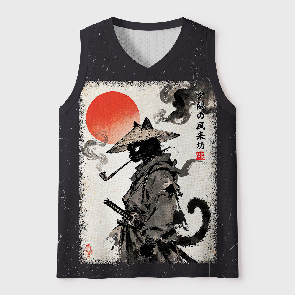 Tokyo-Tiger Japanese Sunset Wanderer Samurai cat Mesh Tank Top
